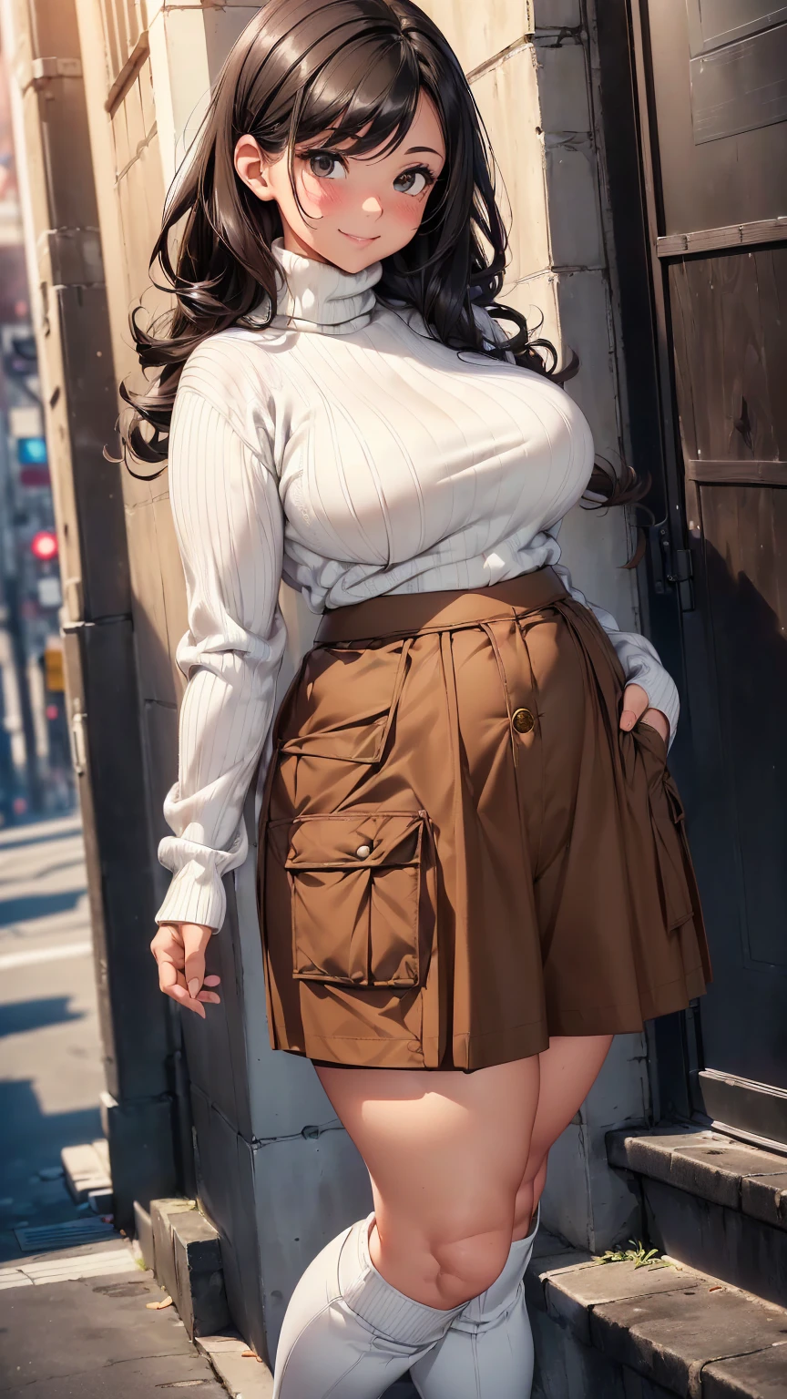 a girl, chubby body, big hips, sexy thighs, beautiful face, beautiful eyes, ((straight wavy black hair, black eyes)), smiling, blushing, standing, ((white turtleneck sweater, ((brown cargo skirt with pockets)), white sneakers, thigh high socks)), perfect hands, perfect fingers, high quality picture, high resolution, very detailed, 8k resolution
