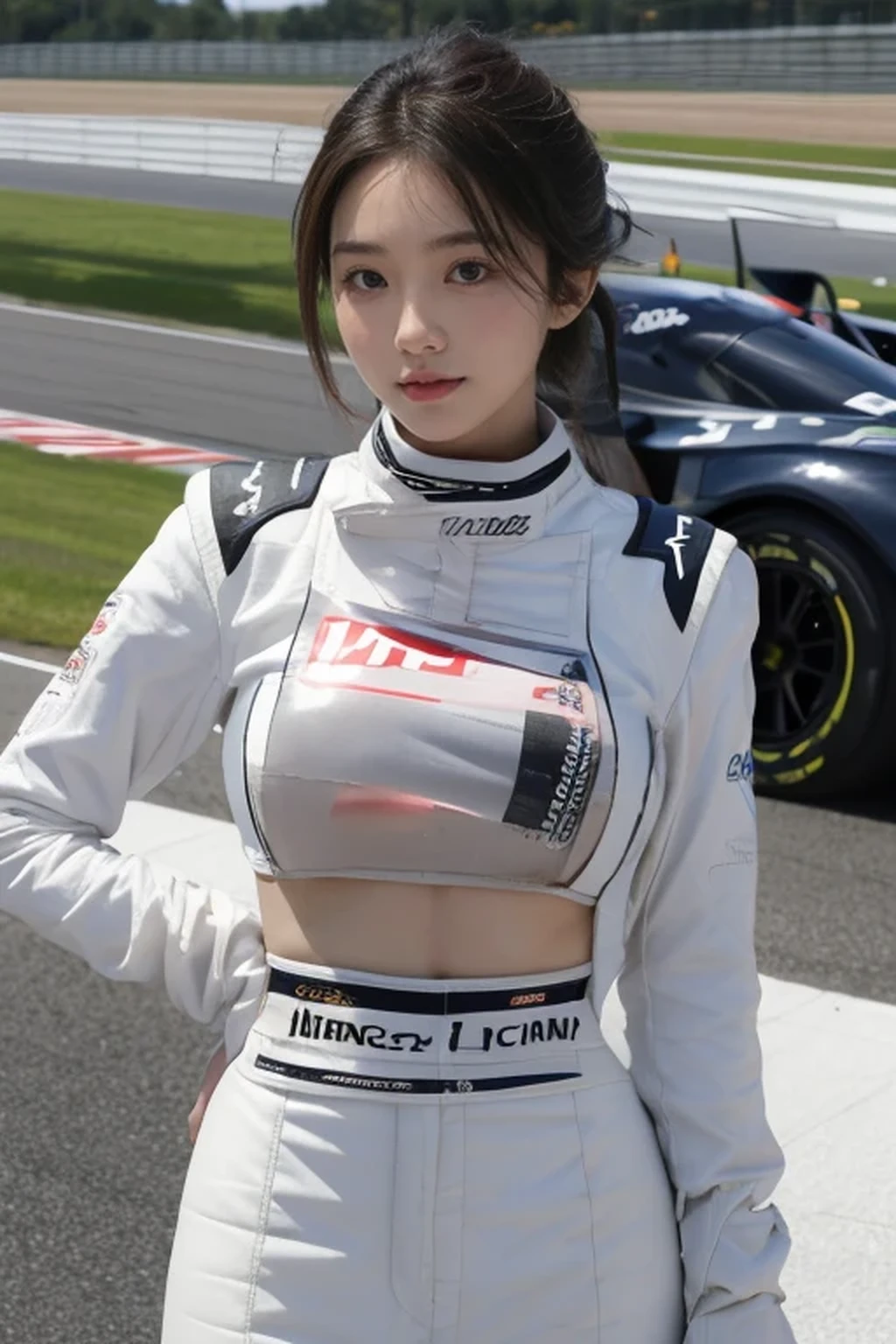 best quality, masterpiece, beautiful Japanese woman, (((race queen, grid girl))), (huge breasts), ((racing circuit)),