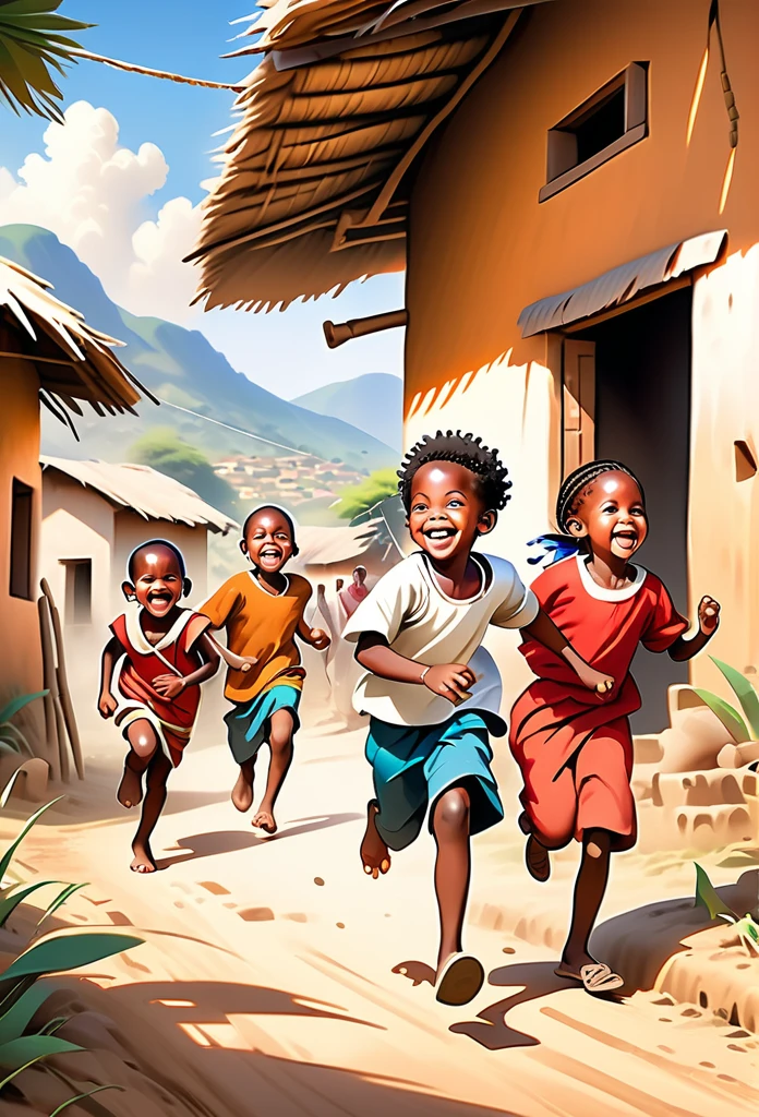 Ultra Realistic, Highly Defined Details, African tribal Family Black, African children, playing in a tribal Village, Bone earrings, Crimson Decor, Sunlight to Capturing the Mode, Young Adult African Male Villager, With His Young Brothers Sisters, running and playing, Laughing, playing and smiling, In the Village, Mountains behind the Village, side view walking, side perspective, 