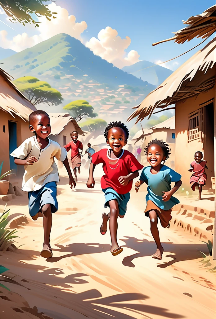 Ultra Realistic, Highly Defined Details, African tribal Family Black, African children, playing in a tribal Village, Bone earrings, Crimson Decor, Sunlight to Capturing the Mode, Young Adult African Male Villager, With His Young Brothers Sisters, running and playing, Laughing, playing and smiling, In the Village, Mountains behind the Village, side view walking, side perspective,