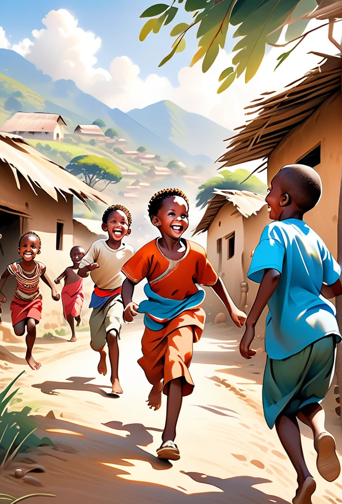 Ultra Realistic, Highly Defined Details, African tribal Family Black, African children, playing in a tribal Village, Bone earrings, Crimson Decor, Sunlight to Capturing the Mode, Young Adult African Male Villager, With His Young Brothers Sisters, running and playing, Laughing, playing and smiling, In the Village, Mountains behind the Village, side view walking, side perspective, 