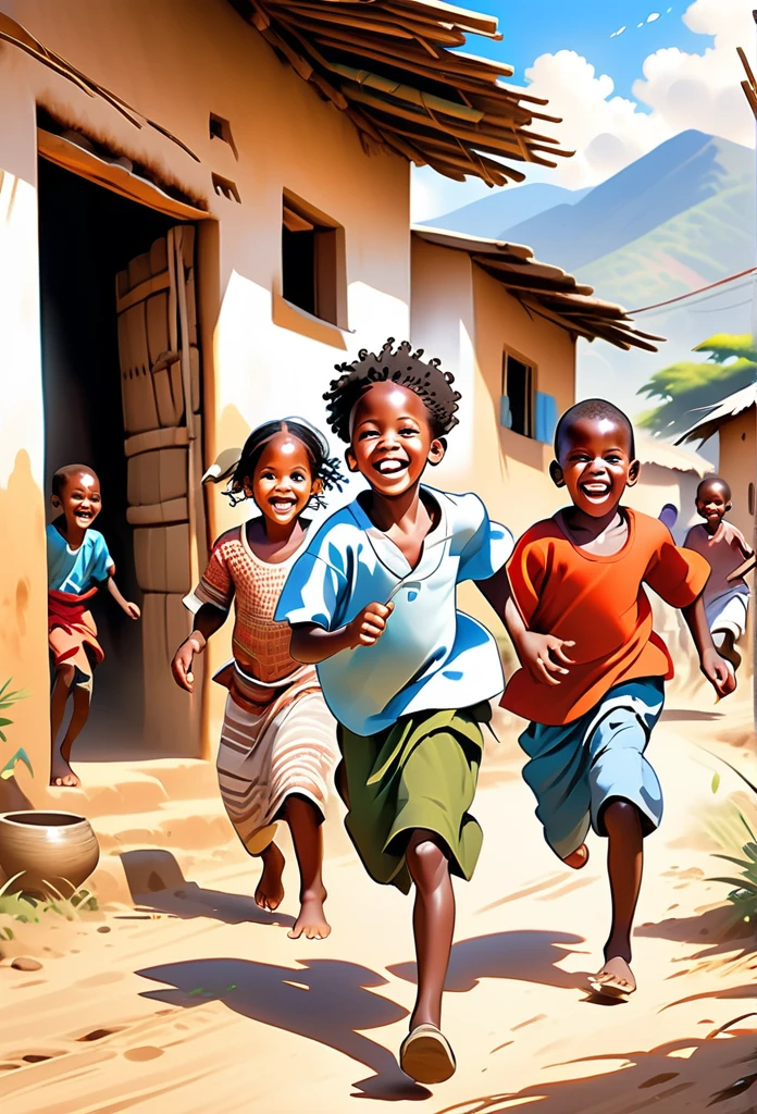 Ultra Realistic, Highly Defined Details, African tribal Family Black, African children, playing in a tribal Village, Bone earrings, Crimson Decor, Sunlight to Capturing the Mode, Young Adult African Male Villager, With His Young Brothers Sisters, sitting on the ground, eating food, Laughing, playing and smiling, In the Village, Mountains behind the Village, side view walking, side perspective, 