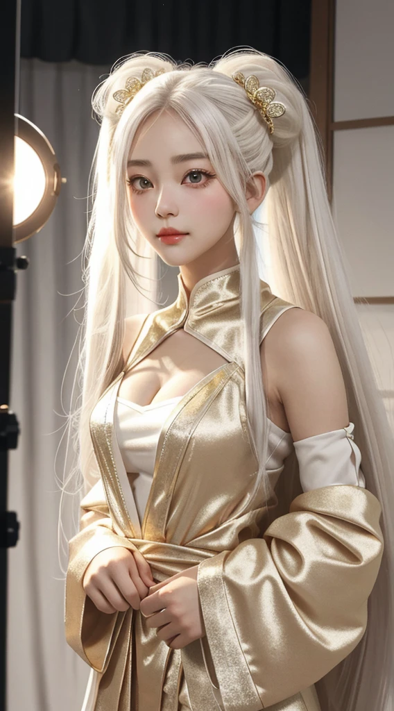 Quiet，Sexy girl with long white hair and double ponytails，big eyes，Peach Blossom Eyes，The eyes are covered with light gold powder，Gloomy eyes，Seductive eyes，Seductive smile，Minimalism，White yarn，Showing the front，Thin内衣，Thin，Camel toe，Exquisite facial features，whole body，tiny stars，The waist is thin，Fairy air，Smart，Half Body，Behind the scenes，Hips
