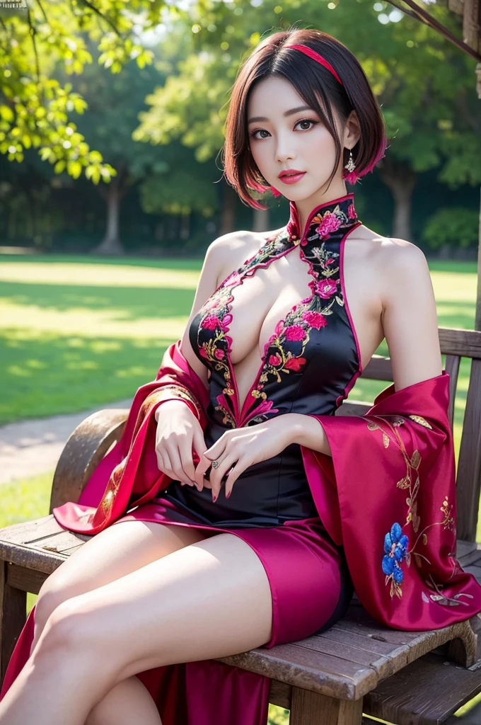 (masterpiece:1.4), (best quality:1.4), ultra high res, ultra high resolution, ((detailed facial features)), HDR, (realistic, photorealistic, photo-realistic:1.37), full body Esbian, sexy Vietnamese model, (-anime), vivid colors, ((vivid colors multicolor (red, fuchsia) very short hair)), ((seductive smile)), lip-gloss, long lashes, beautiful makeup, defined eyebrows, wearing large sparkling colorful jewelery, (wearing a red silk Paradise Kiss cosplay dress with black floral embroidery), ((vivid colors outfit)), vivid colors, look at the camera, cinematic light, large park background with trees, sweet and sexy pose