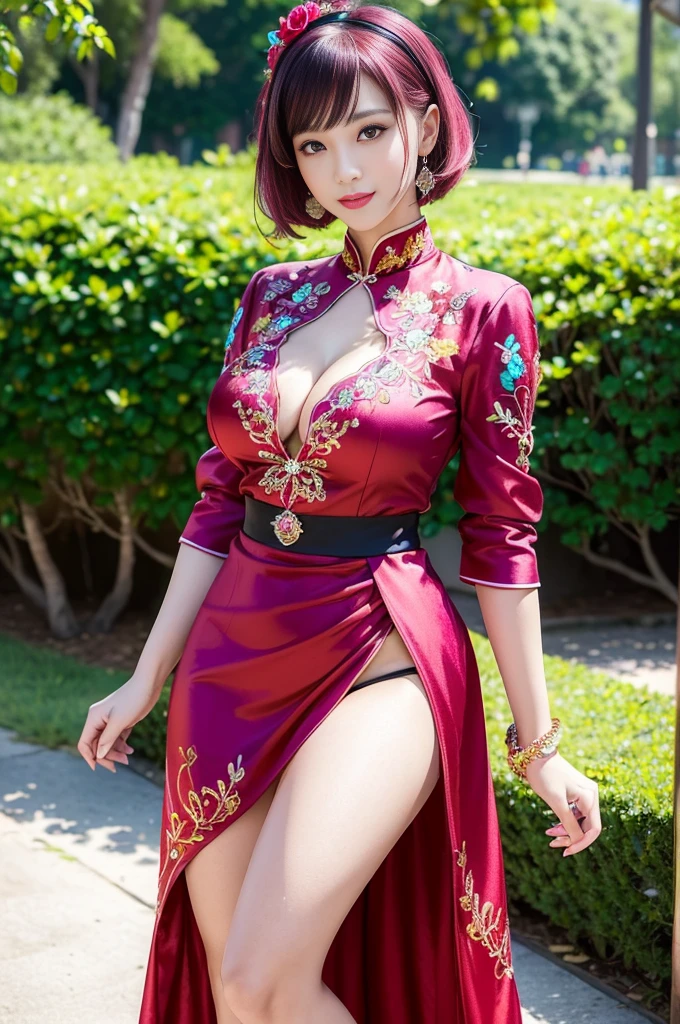 (masterpiece:1.4), (best quality:1.4), ultra high res, ultra high resolution, ((detailed facial features)), HDR, (realistic, photorealistic, photo-realistic:1.37), full body Esbian, sexy Vietnamese model, (-anime), vivid colors, ((vivid colors multicolor (red, fuchsia) very short hair)), ((seductive smile)), lip-gloss, long lashes, beautiful makeup, defined eyebrows, wearing large sparkling colorful jewelery, (wearing a red silk Paradise Kiss cosplay dress with black floral embroidery), ((vivid colors outfit)), vivid colors, look at the camera, cinematic light, large park background with trees, sweet and sexy pose