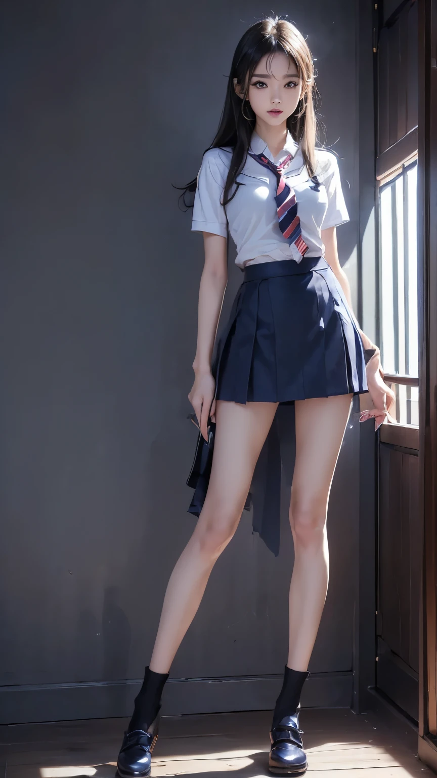 ((masterpiece)),(((最high quality))),((膝の高さからFull body shotする:1.8)),((((((脚を揃えてPlease stand up straight:1.9)))))),((Thin thighs)),((Long legs:1.5)),(((Girl standing in a school classroom:1.7))),(((Micro Mini Skirt Uniform:1.6))),((tall:1.8)),((Japanese high school girls wearing summer uniforms:1.8)),((スリムなModel body type:1.5)),((Thin legs:1.6)),((Wearing a red tie:1.2)),((Wearing a white shirt with short sleeves)),Her erect nipples are clearly visible under her clothes.,(Navy blue checked micro mini skirt:1.5),(24-years-old:1.3),bangs,A small smile,((cute女の子)),Slender girl,(Black Loafers),((short white socks up to the ankles,)),cute,The thigh area below the groin is slim and firm,cute,Black hair ponytail,Thin legs,スリムなModel body type,Very small waist,Small hips,Long thighs,Thin thighs,Thin hands,Long hands,((((下からFull body shotする:1.5)))),(((((k-popのIVEのWONYOUNGにそっくりの女の子:1.9))))),((Turn your whole body straight ahead:1.8)),((tall:1.4)),(Stand with your legs straight without bending your knees:1.7),((Please stand up straight:1.7)),((turn your hips forward:1.7)),The ankles are super thin,beauty,Fine skin,Firm Skin,引き締まったThin legsの肌を細部までリアルに再現,Very detailed, Attention to detail,high quality,Awards,High resolution,(Anatomically correct:1.3),(8k,RAW Photos,最high quality,masterpiece:1.5),(((女の子を下からFull body shotする:1.5))),Height 173cm,((脚を揃えてPlease stand up straight:1.7)),((脚を揃えてPlease stand up straight:1.7)),(((Keep your back straight:1.8))),((Look forward:1.2)),8頭身beauty,Model body type,((Inseam is half the height:1.5)),(Thin thighs),((k-popのIVEのWONYOUNGにそっくりの女の子:1.5)),Raw photo,Firm Skin,Fine skin,Well-trained muscular legs,Attention to detail,Vivid,Skin Texture,Genuineな皮膚感,Perfect composition,beautiful,Very detailed,High chroma,Genuine,eyeliner,eye shadow,High nose,Small nostrils,Small Mouth,Seductive lips,((((White panties:1.9)))),Long legs,Thin legs,Thin thighs,Thin ankles,(((Full body shot:1.6))),((((A blackboard and desks are visible in a school classroom.:1.7)))),cute,((((beautiful girl:1.7))))