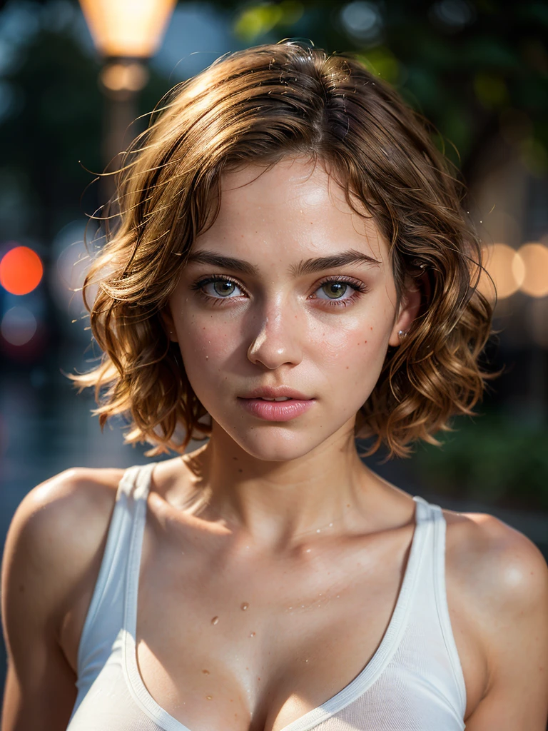 ((best quality: 1.5, masterpiece)), intricate details, sharp focus, professional, real life, realistic representation of the face, dynamic pose, in the style of realistic and hyper detailed renderings BREAK ((short curly [blonde hair:purple hair:0.8], ([flat chest:medium breasts:0.4], 1girl, 18 years old, mix4, (8k, RAW photo, best quality, masterpiece:1.2), (realistic, photorealistic:1.6), cute, night, rain, humid, professional lighting, photon mapping, radiosity, physically based rendering, ultra resolution, white cutoff t=shirt))), hyper-realistic, 8K