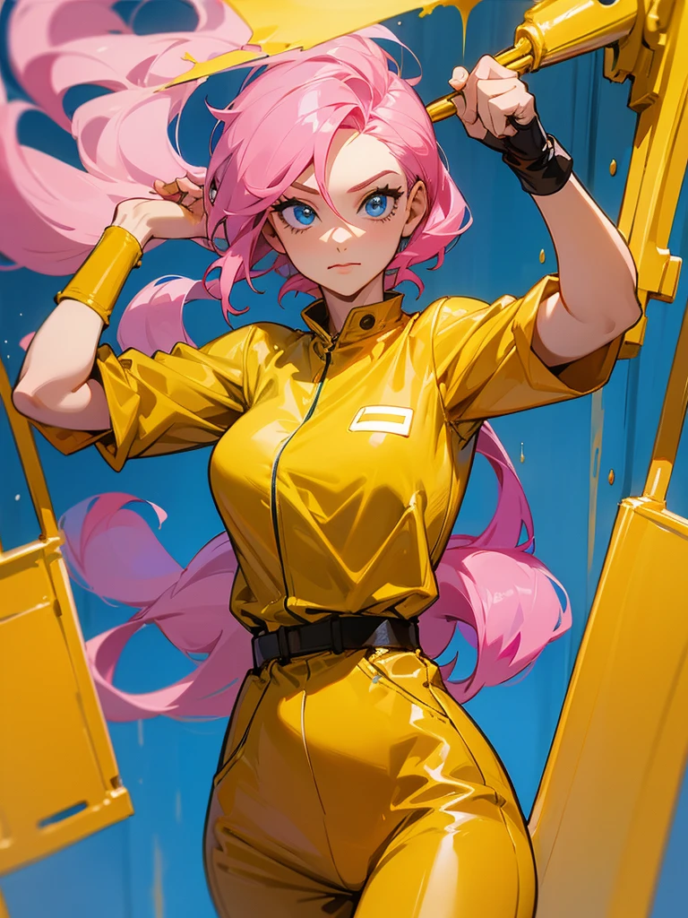 Mature woman , Hero Pose, Big Pink Hair, Shining blue eyes, Wearing a mustard jumpsuit. Hero Pose, 35 years old, Escape from the old squeegee