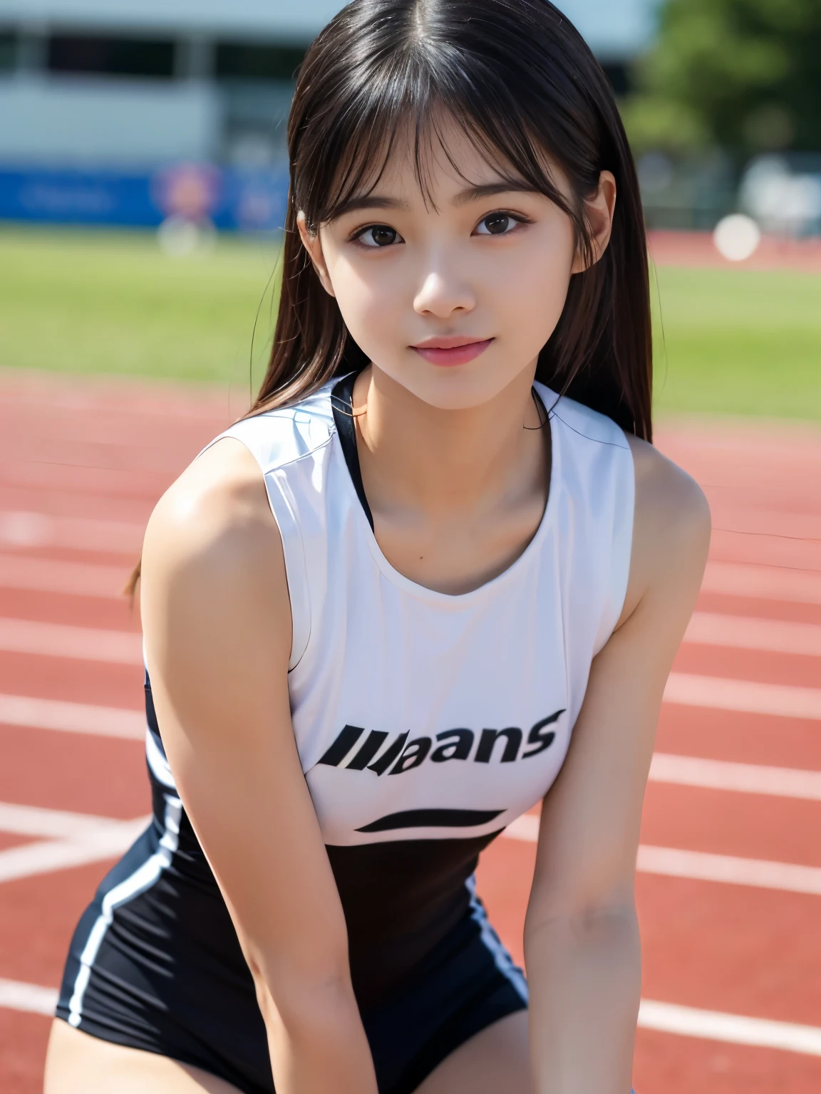 (Best-quality, Masterpiece, Ultra-High-Resolution, (Photorealistic:1.4), Raw Photo, depth of field, professional lighting, perfect anatomy, extremely details), 1girl, -yeld, thost famous Japanese idol, (extremely cute and extremely realistic face like the most popular Japanese idol, ((extremely cute and extremely big and extremely realistic black-eyes)), extremely beautiful and extremely realistic black-hair, ((extremely beautiful and extremely realistic skins)), extremely cute and extremely realistic long-eyelashes, extremely cute and extremely realistic lips, extremely beautiful and extremely realistic body), ((wearing track and field sleeveless uniform)), ((running on track)), looking at viewer, innocent smile