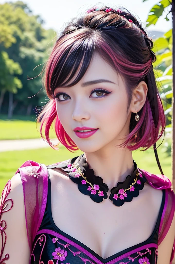 (masterpiece:1.4), (best quality:1.4), ultra high res, ultra high resolution, ((detailed facial features)), HDR, (realistic, photorealistic, photo-realistic:1.37), full body Esbian, sexy Japanese model, (-anime), only 1 model, vivid colors, ((vivid colors multicolor (fuchsia, pink, light blue, purple) very short hair)), ((smiling face)), lip-gloss, long lashes, beautiful makeup, defined eyebrows, wearing a red silk Paradise Kiss cosplay dress with black floral embroidery, ((vivid colors outfit)), vivid colors, look at the camera, cinematic light, large park background with trees, sweet and sexy pose