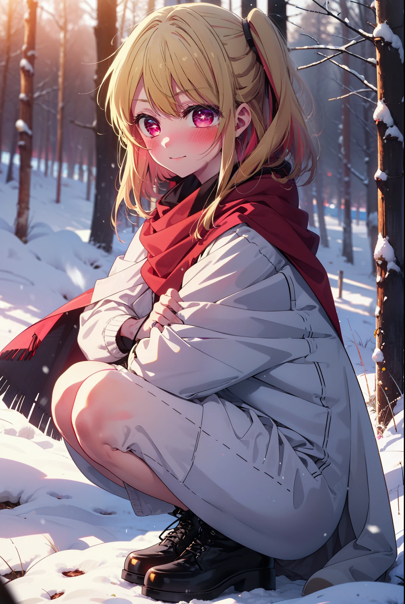 rubyhoshino, Hoshino Ruby, Long Hair, bangs, blonde, (Pink Eyes:1.3), Side Lock, (Symbol-shaped pupil:1.5), Multicolored Hair, Two-tone hair, smile,,smile,blush,white breath,
Open your mouth,snow,Ground bonfire, Outdoor, boots, snowing, From the side, wood, suitcase, Cape, Blurred, , forest, White handbag, nature,  Squat, Mouth closed, Cape, winter, Written boundary depth, Black shoes, red Cape break looking at viewer, Upper Body, whole body, break Outdoor, forest, nature, break (masterpiece:1.2), Highest quality, High resolution, unity 8k wallpaper, (shape:0.8), (Beautiful and beautiful eyes:1.6), Highly detailed face, Perfect lighting, Extremely detailed CG, (Perfect hands, Perfect Anatomy),