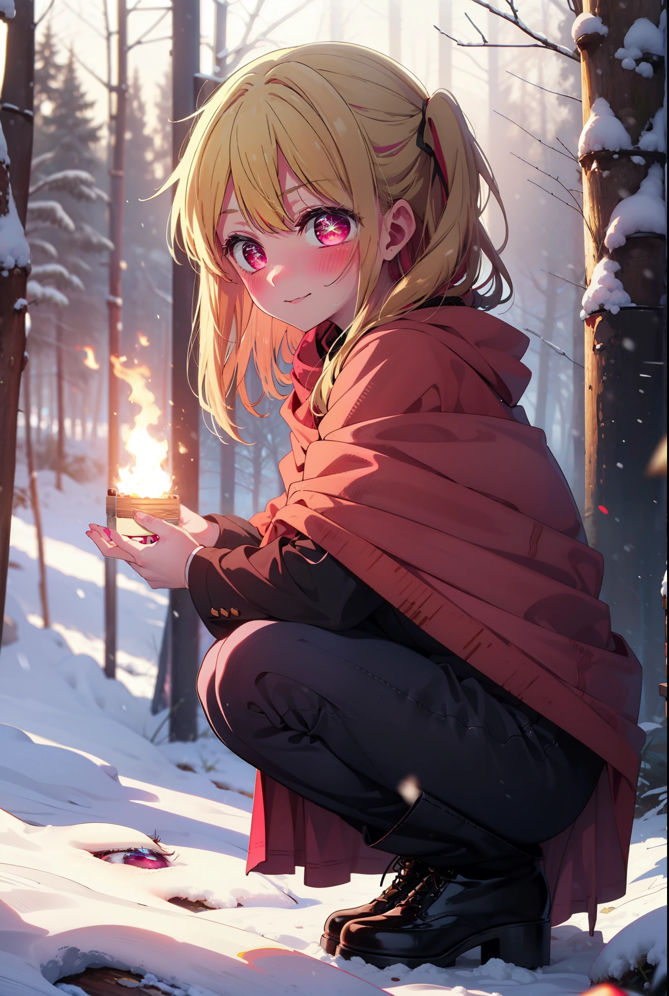 rubyhoshino, Hoshino Ruby, Long Hair, bangs, blonde, (Pink Eyes:1.3), Side Lock, (Symbol-shaped pupil:1.5), Multicolored Hair, Two-tone hair, smile,,smile,blush,white breath,
Open your mouth,snow,Ground bonfire, Outdoor, boots, snowing, From the side, wood, suitcase, Cape, Blurred, , forest, White handbag, nature, Squat, Mouth closed, Cape, winter, Written boundary depth, Black shoes, red Cape break looking at viewer, Upper Body, whole body, break Outdoor, forest, nature, break (masterpiece:1.2), Highest quality, High resolution, unity 8k wallpaper, (shape:0.8), (Beautiful and beautiful eyes:1.6), Highly detailed face, Perfect lighting, Extremely detailed CG, (Perfect hands, Perfect Anatomy),