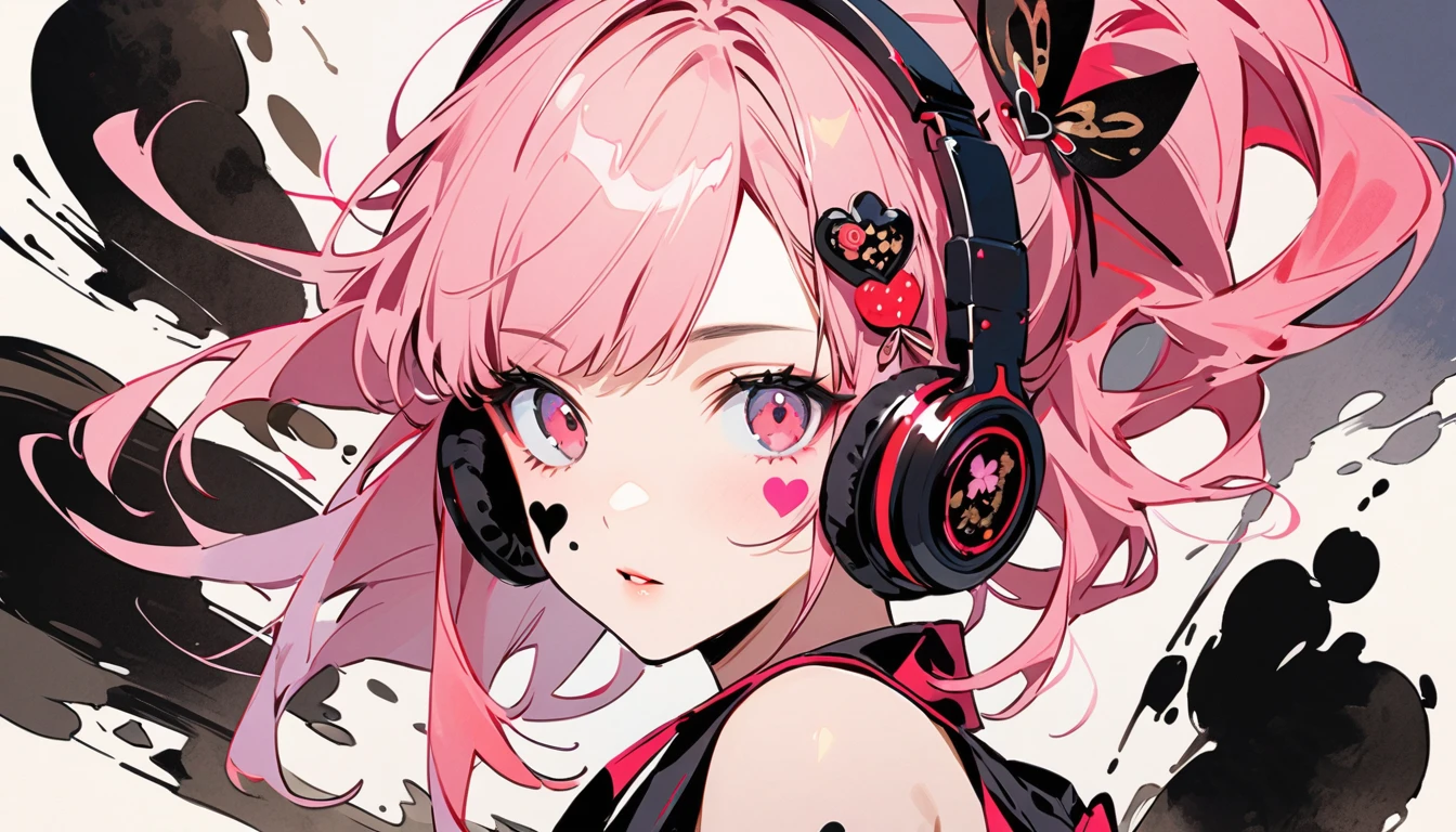 (((Ink Painting))), Fashion portrait color photos, (((1 girl))), (((Heart tattoo on face))), (((Gorgeous hair accessories))), Japanese style headphones, Japanese beautiful girl, pink Hair