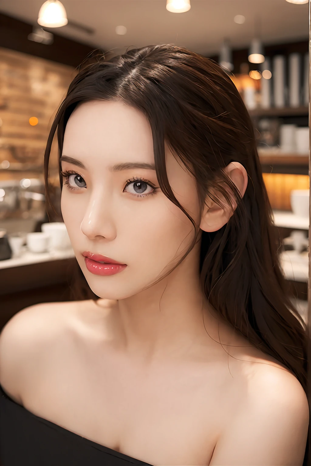 ((the highest quality、8k、A masterpie:1.3)), 1 woman, aisayama_jav, big breasts, cleavage, long hair, sitting, wearing tank top, skirt, highwaist,
looking at viewer, shot using canon DSLR,
realistic face, sitting in a crowded coffee shop, detailed face, detailed skin, detailed eyes,
(ultimate quality, masterpiece, highres:1.0), realistic:1.6, photorealistic, professional photography, portrait photography,