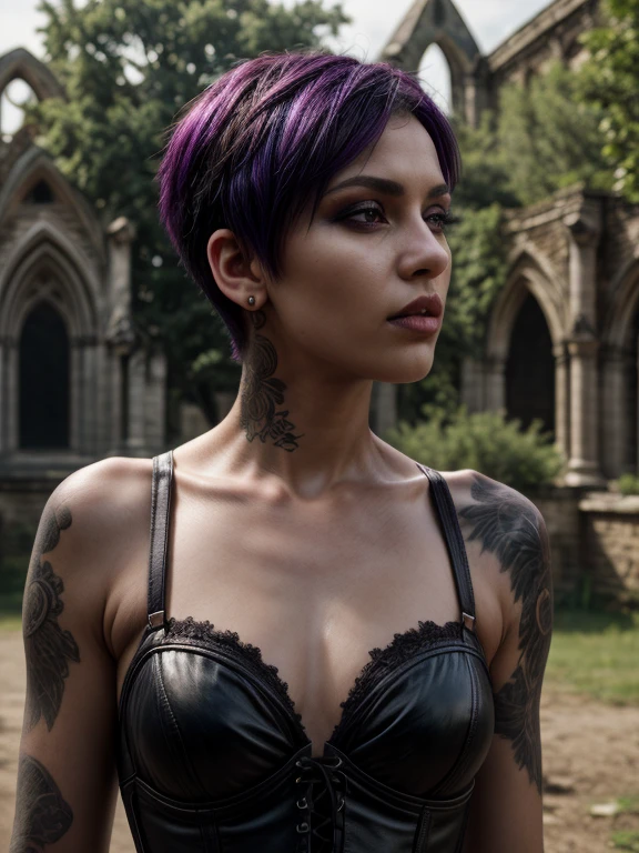 Malicious gothic girl, purple hair, short hair sides shaved:1.ose, in red leather corset:1.2, (in the garden of a ruined gothic cathedral:1.2), tattooed, pierced, black makeup ,((slim, petite)), photorealistic, photo, masterpiece, realistic, realism, photorealism, high contrast, photorealistic digital art trending on Artstation 8k HD high definition detailed realistic, detailed, skin texture, hyper detailed, realistic skin texture, best quality, ultra high res, (photorealistic:1.4),, high resolution, detailed, raw photo, sharp re, by lee jeffries nikon d850 film stock photograph 4 kodak portra 400 camera f1.6 lens rich colors hyper realistic lifelike texture dramatic lighting unrealengine trending on artstation cinestill 800,