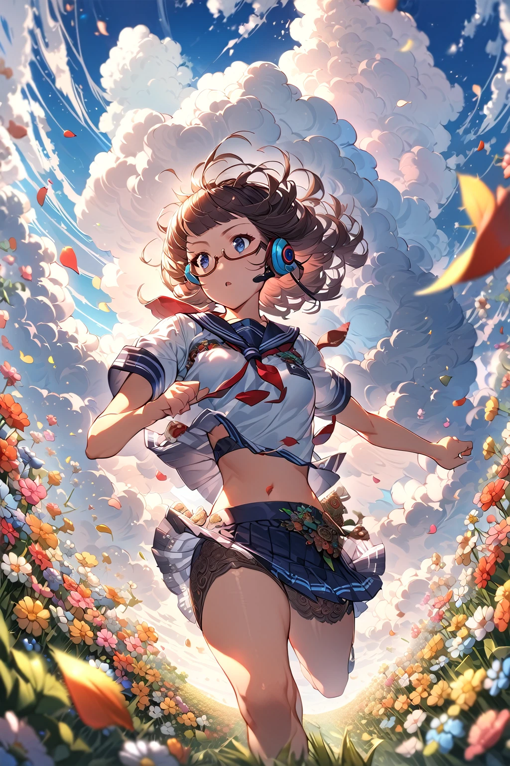(extremely detailed fine touch:1.3), (((semi-rimless eyewear:1.3))), (headphone:1.2), short hair, blunt bangs, 1 girl, running, from below, serafuku, short sleeves, mini skirt, midriff, (hyper-detailed, flower field:1.2), (hyper-detailed cumulonimbus clouds:1.3), leaves,
petals
