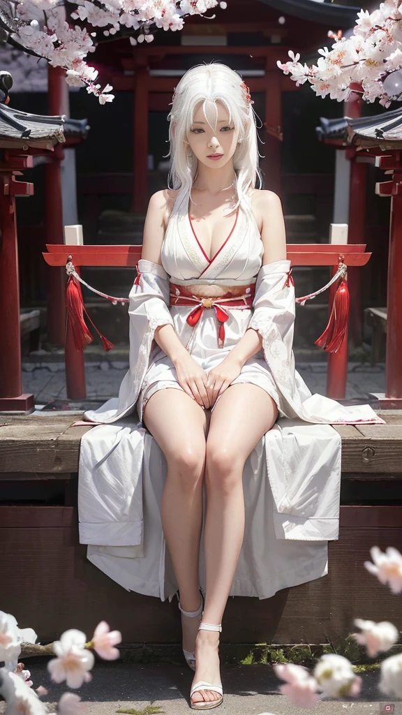 ((Styled white hair:1.5))(A shrine maiden dressed in beautiful shrine maiden clothes:1.3), Symmetric, (highest quality, Realistic:1.4, RAW Photos:1.2, Cinematic Light, Highly detailed illustration), (1woman:1.3, alone), (Asian 25 year old girl, Very delicate face, Super beautiful face, Very delicate eyes, Highly detailed nose, Very sophisticated mouth, Highly detailed facial features, 輝くskin、Exposing shoulders), woman, (large breasts), skin, Lip gloss, Laughter, Full Body View, High resolution, High resolution, 8k, Masterpiece 2:1,（ Shrines in Kyoto、cherry tree,Scattering cherry blossoms）cleavage cutout,ruanyi0007、CuteGirl
