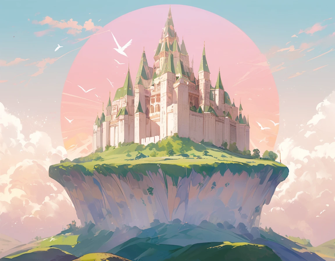 Majestic fortification, dressed in soft spring pastel shades, looks like that, as if the sun itself created its colors. Four towers, each of which is crowned with an exquisite flag, proudly rise above the green hills. A bird's eye view of the stunning landscape: neatly laid stone paths wind around the castle, like a stream of water, connecting this corner with the outside world. Golden carriages ply majestically on these roads, sparkling in the sun, like dreams, flying in the clouds. Each carriage moves bravo, leaving behind a trail of bright colored shreds - noble ladies and gentlemen rejoice in life, enjoying the warmth of a spring day. Their laughter and the sounds of parade wheels fill the air, creating a symphony of happiness and movement. Beyond the road lie endless fields of purple lavender., as if covered with a velvet carpet. Lavender gently sways in the wind, creating aroma, which envelops the castle like a sweet dream. This world, full of harmony and beauty, as if created for this, to remind you of spring, about fresh beginnings and abundance, reigning in every corner.
