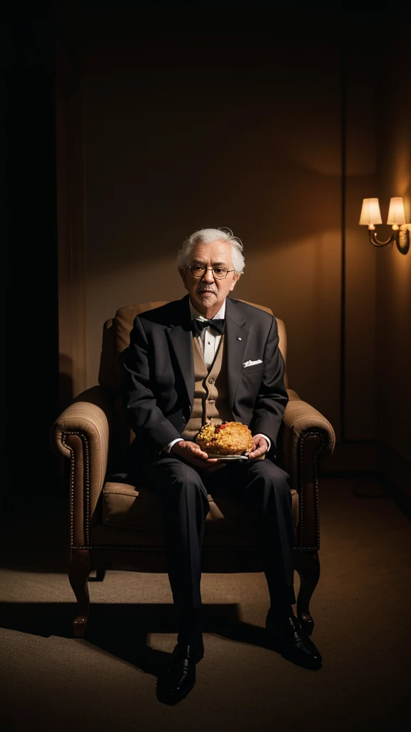 The image of Colonel Sanders, sit on luxury chair, with fried chicken meal beside, best quality, masterpiece, Ultra-high resolution, (Reality:1.5), RAW photos, in the darkness, Deep Shadows, Low profile, Cold Light