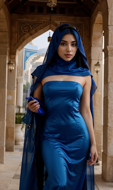 a woman in a blue dress and veil posing for a picture, arabian princess, beautiful arab woman, arabian beauty, arab princess, arab inspired, beautiful iranian woman, arab ameera al taweel, very attractive and beautiful, beautiful oriental woman, traditional beauty, arabian, with beautiful exotic, aesthetic!!!!!! female genie, beautiful burqa's woman, cosplay, gorgeous woman, naked, no underwear