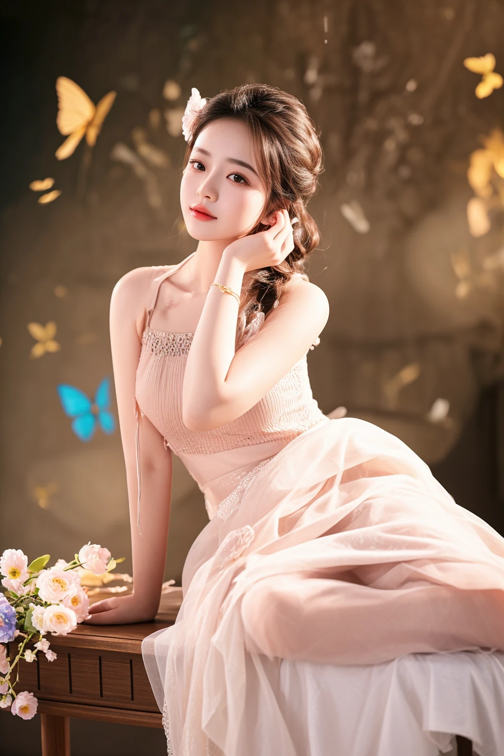 there is a woman sitting on a table with a bouquet of flowers, beautiful young korean woman, gorgeous chinese model, dilraba dilmurat, cute elegant pose, gorgeous young korean woman, inspired by Huang Ji, chinese girl, photo taken with nikon d750, photo taken with nikon d 7 5 0, sha xi, lovely woman, photoshoot