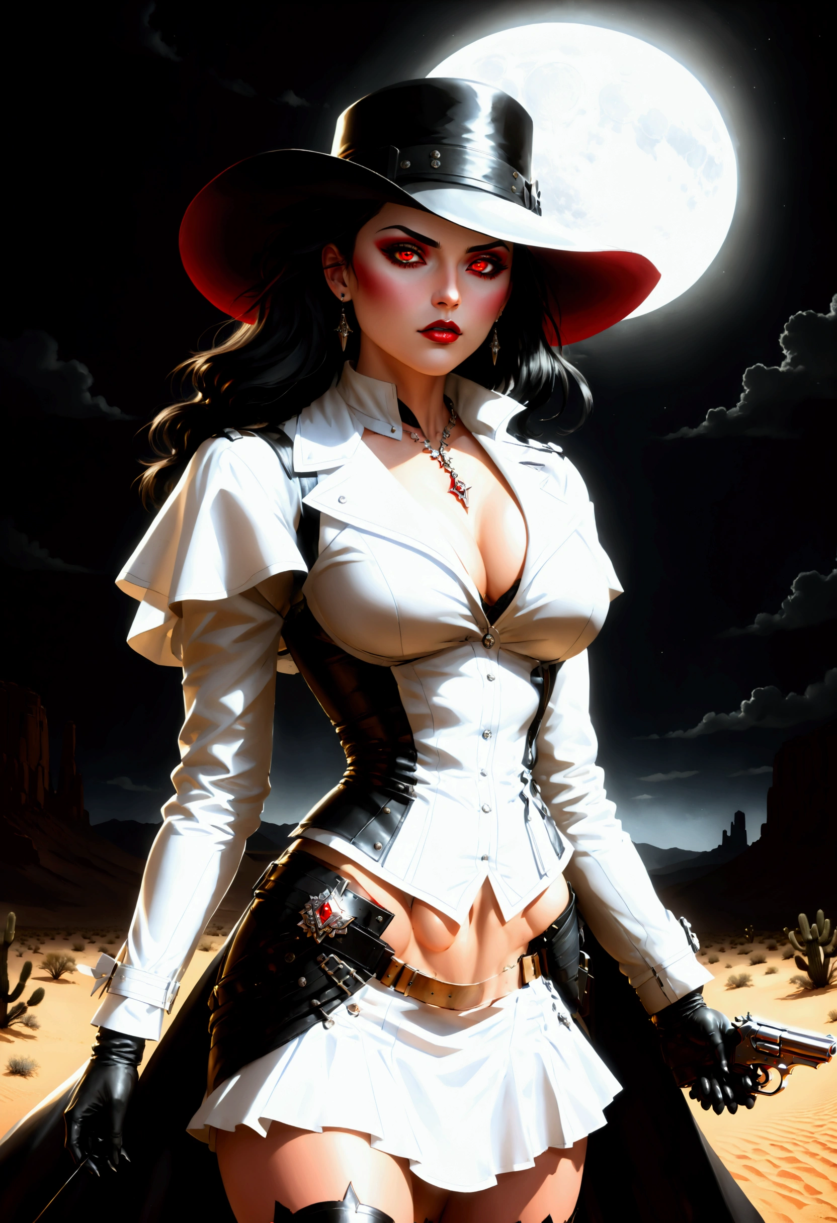 (wild west black and white 19th century photograph style: 1.5) picture of a female vampire cowboy in the desert night, a goth beauty, exquisite beautiful female vampire, ((anatomically correct: 1.5), (ultra detailed face: 1.2), best detailed face, red glowing eyes, full body, , wearing white bottom shirt, short skirt, dynamic color. wearing (Gambler Crease hat: 1.2), wearing high heeled boots, wearing open black trench coat, flowing trench coat, (pistol in a holster: 1.1), it is night time in the desert, moon light. moon rays, west America desert canyon background, Hyperrealism style, vibrant, Ultra-high resolution, High Contrast, (masterpiece:1.5), highest quality, Best aesthetics), best details, best quality, highres, ultra wide angle, 16k, [ultra detailed], masterpiece, best quality, (extremely detailed) RAW, chumbasket art style, rpg portrait photograph,