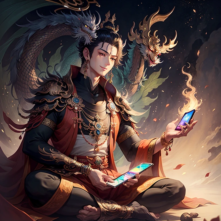 Dragon-situ Kannon Bodhisattva Operates an iPhone Sitting on a dragon Halo Male Lucky Eyes Smile