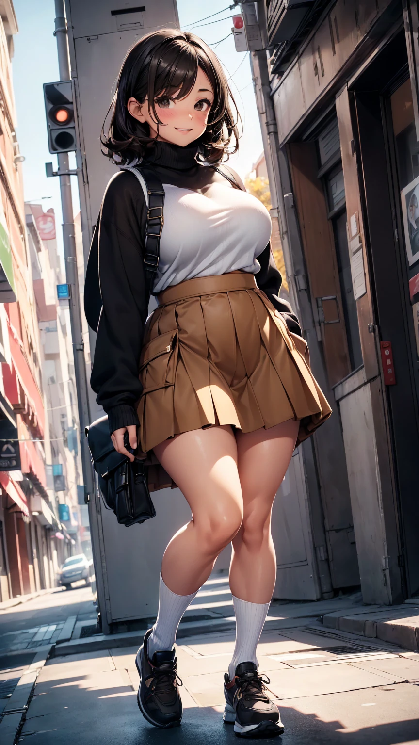 a girl, chubby body, chubby stomach, big hips, sexy thighs, beautiful face, beautiful eyes, ((straight wavy black hair, black eyes)), smiling, blushing, standing, ((white turtleneck sweater, ((brown mini cargo skirt with pockets)), white sneakers, thigh high socks, brown leather sling bag)), perfect hands, perfect fingers, high quality picture, high resolution, very detailed, 8k resolution