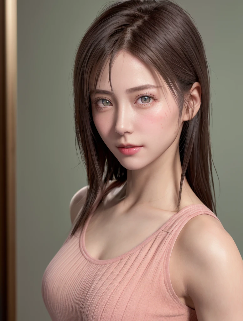 8K, Best Quality, masutepiece, Ultra High Resolution, (Realism: 1.3), Original photo, (Realistic skin texture: 1.3), (Film grain: 1.3), (Selfie angle), 1 girl, Pink clothes, Sapphire eyes and beautiful face details, masutepiece, Best Quality, close-up, Upper body top quality image quality pull-up