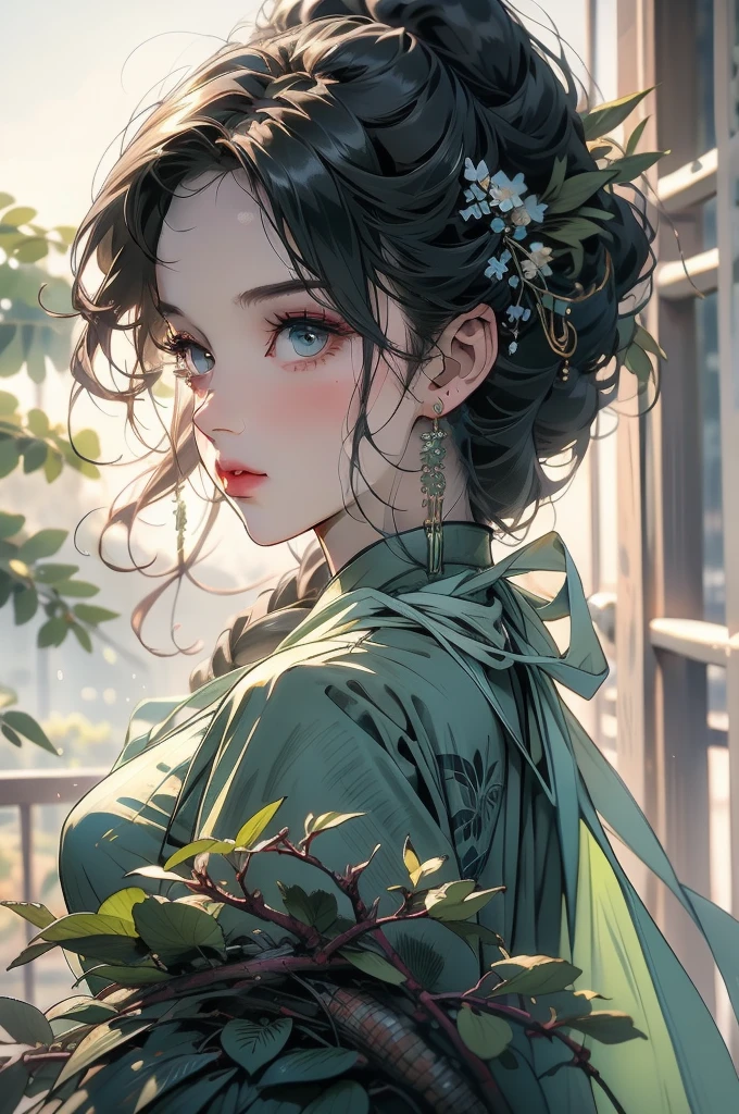 Surreal 8K, CG, Flawless, Seductive expression, Intricate details, 22-year-old girl wearing chiffon Chinese long skirt, Best quality, Realistic photos,Light green dress, beautiful hairpins and jewelry hanging in the hair