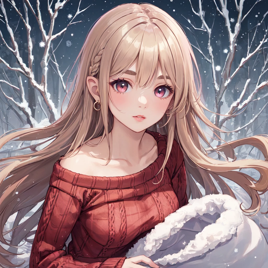 (1girl, masterpiece, high quality, highly detailed, best quality, light particles, Super detailed, 8k wallpaper,), ((breasts type: Narrow, Narrow breasts, Smaller and closer together, often more upright)), (wearing (red Wool plaid jumper dress)), (Winter theme, background: park), (Eyes: Oval-shaped, light hazel, Nose: Small and straight, Lips: Medium, natural pink, Hair: Long, straight, dark blonde, Skin Tone: Fair with a cool undertone, Eyebrows: Thin and arched, Cheekbones: High and defined, Chin: Rounded, Ears: Small and close to the head, Expression: Warm and welcoming)