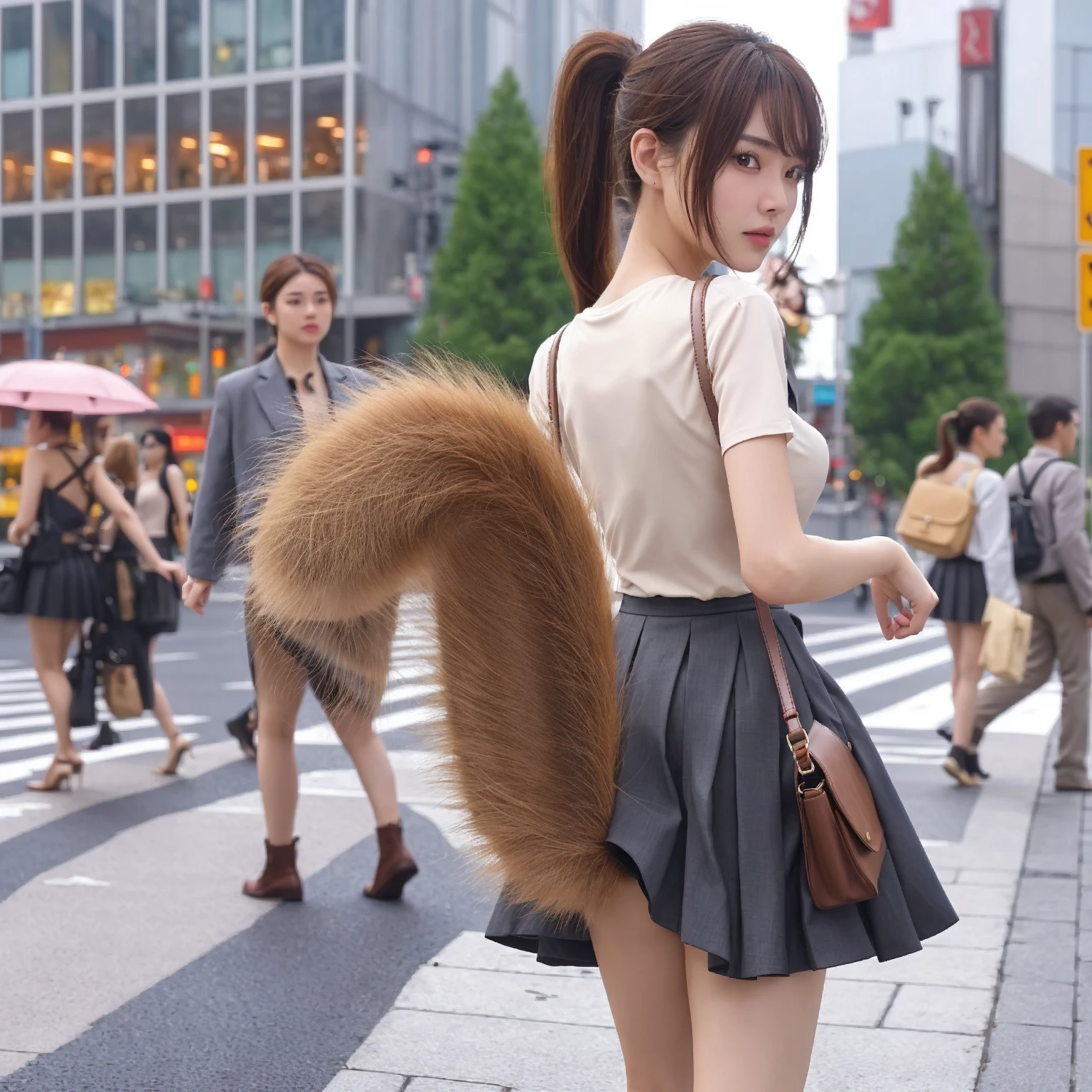 A girl wearing a skirt and high heels is crossing the road with a man in the background, raccoon tail, Furry tail, City street with street trees behind her, fluffy tail, Tanuki tail, thick tail, on the city street, , Tailed, thick fluffy tail, tail, troubled face, red face, white panties, picture, highest quality, eight-headed body, thin