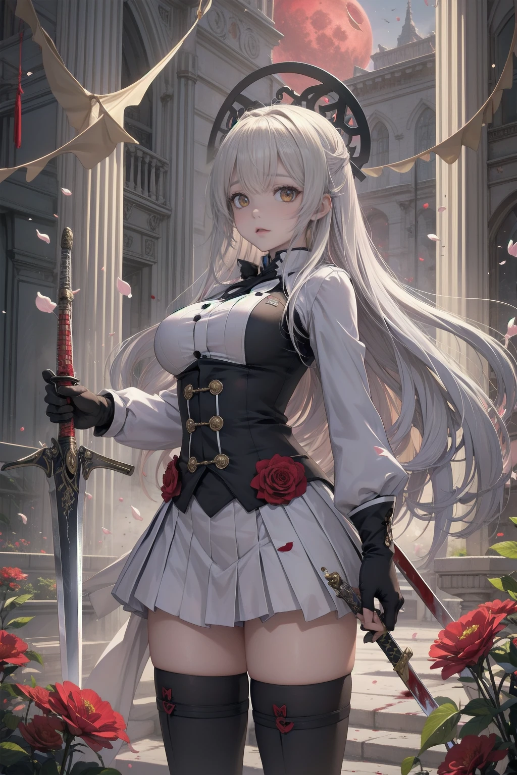 Super detailed, High resolution, Absurd, High resolution, masterpiece, Anime Girls, cute woman, Long white hair with red stripes, expressive yellow eyes, red haori with patters of Blood, Black Demon Slayer uniform, Kimetsu no Yaiba, Fantasy, petal, Red flower, cute, woman Grabbing a sword, alone, magic, shining red Blood details, Red Moon, Highest quality, Highly detailed face and eyes, Blood, Grabbing a sword, Finding, Wild look 