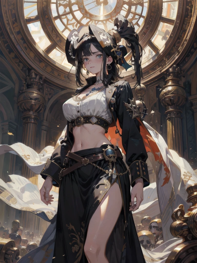 absurdres, RAW photo, extremely delicate and beautiful, masterpiece, Best Quality, ultra high resolution, 32k, hyperrealistic, ultra-detailed, perfect anatomy, anatomically correct, perfect figure, Perfect Style, Perfect balance, super Detailed skin, in her 30s, very Slim body, narrow waist, very small head, very small face, delicate facial features, handsome detailed woman, very detailed eyes and face, realistic face proportions, Realistic beautiful face, Realistic beautiful eyes, tearful mole, earring, huge round tits, whole body shot, medium hair, outdoor, ((Practical pirate clothing)), Long-sleeved pirate top, Skirt, Beautiful embroidery, beautiful fabric, Beautifully decorated,