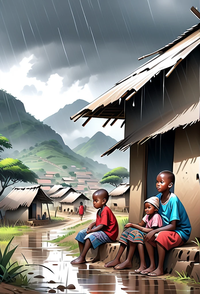 Ultra Realistic, Highly Defined Details, African tribal Family Black, African children, playing in a tribal Village, Bone earrings, Crimson Decor, Sunlight to Capturing the Mode, Young African  Villager,  sitting in shady grey area, looking sad, rain clouds and rain, lots of rain, In the Village, Mountains behind the Village, side view walking, side perspective, rainy day 