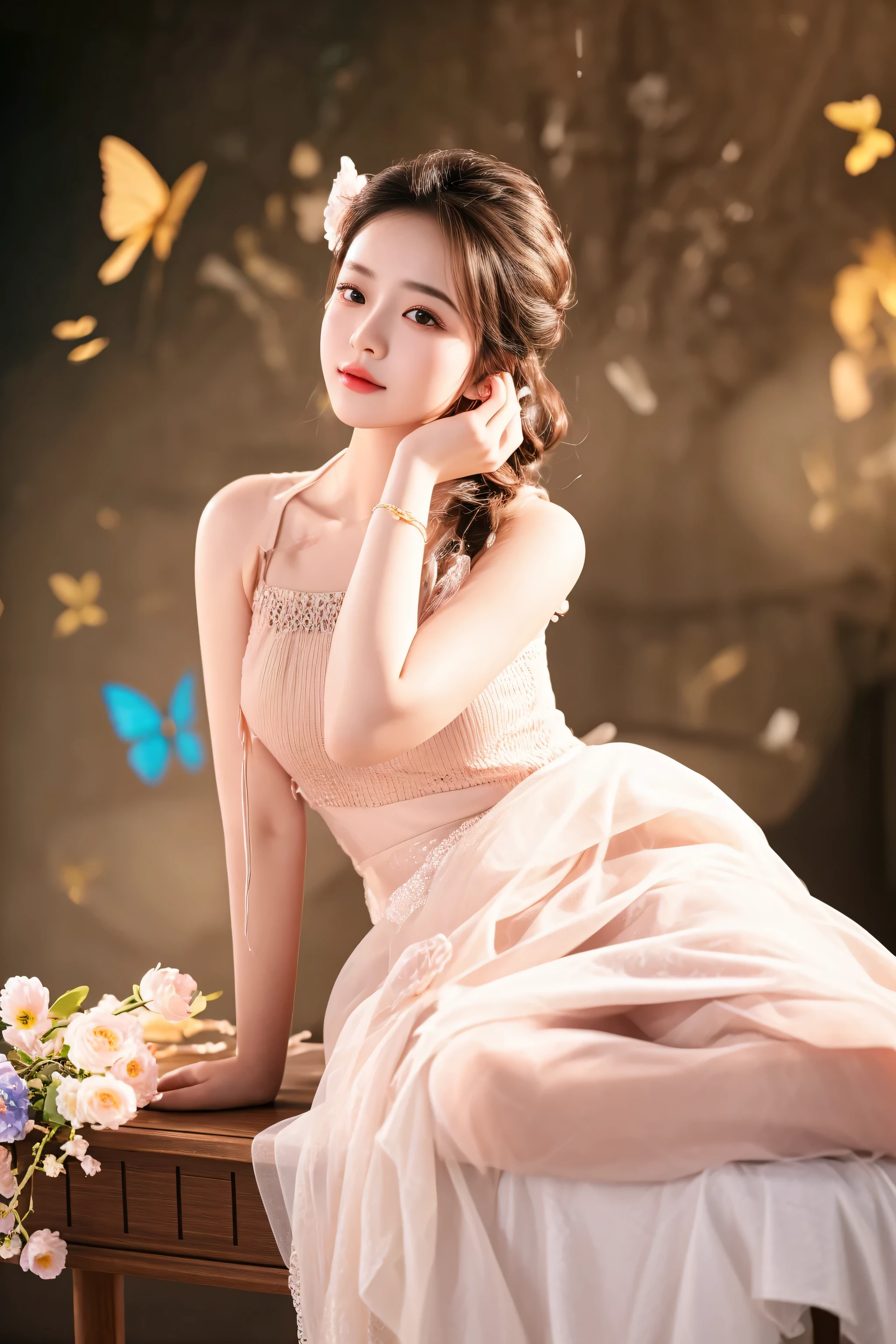 there is a woman sitting on a table with a bouquet of flowers, beautiful young korean woman, gorgeous chinese model, dilraba dilmurat, cute elegant pose, gorgeous young korean woman, inspired by Huang Ji, chinese girl, photo taken with nikon d750, photo taken with nikon d 7 5 0, sha xi, lovely woman, photoshoot