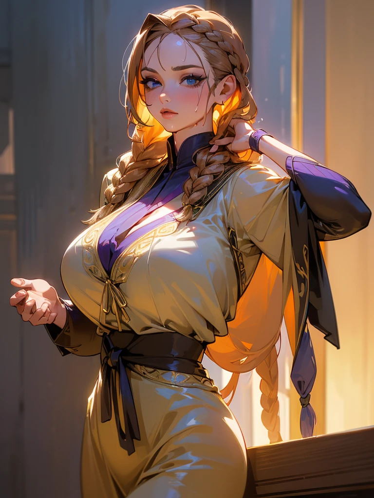 Mature woman , Hero Pose, Big Pink Hair, Shining blue eyes, Wearing a mustard jumpsuit. Hero Pose, 35 years old, masterpiece , girl ,Big Breasts. Very long red hair , ((Shining blue eyes)) , Slope , Perfect figure , ( Techwear:1.2) , (((Highest quality, Ultra-high resolution、The most complex and detailed depiction)))、((masterpiece:1.3)), (8k, RAW Photos, Best image quality: 1.4), Very detailedな顔、Attention to detail、(Beautiful woman:1.4),(Realistic:1.4) (8k, RAW Photos,), (photo-Realistic:1.2), Very detailed, Beautiful attention to detail, (girl:1.3)Dark eyeliner、Eyelash length、False eyelashes、double eyelid、Brown eyes、Light fluorescent lip gloss, ((hostess:1.2))，(Huge breasts:1.6),、(Cleavage:1.2)、(((Light brown hair、braid one's hair、((Tie the braided hair behind your head，Put your braided hair up)))))、Gal-style makeup、Dark eyeliner、Black eyeliner、Heavy eye makeup、Eyelash length、False eyelashes、Eyelash length、Big eyes、Big black eyes、Big eyes、elongated nose、Heavy makeup、Face with gills、Spread your legs and look forward.、(((whole body)))、sexly、Glamorous Body、(Saggy breasts、Large saggy breasts)、((Sweat、Your body is wet))、((You can see the fireworks from the balcony))、(purple furisode、Gold embroidery),Looking back happily、Sit on the balcony、From the side、Beautiful nape