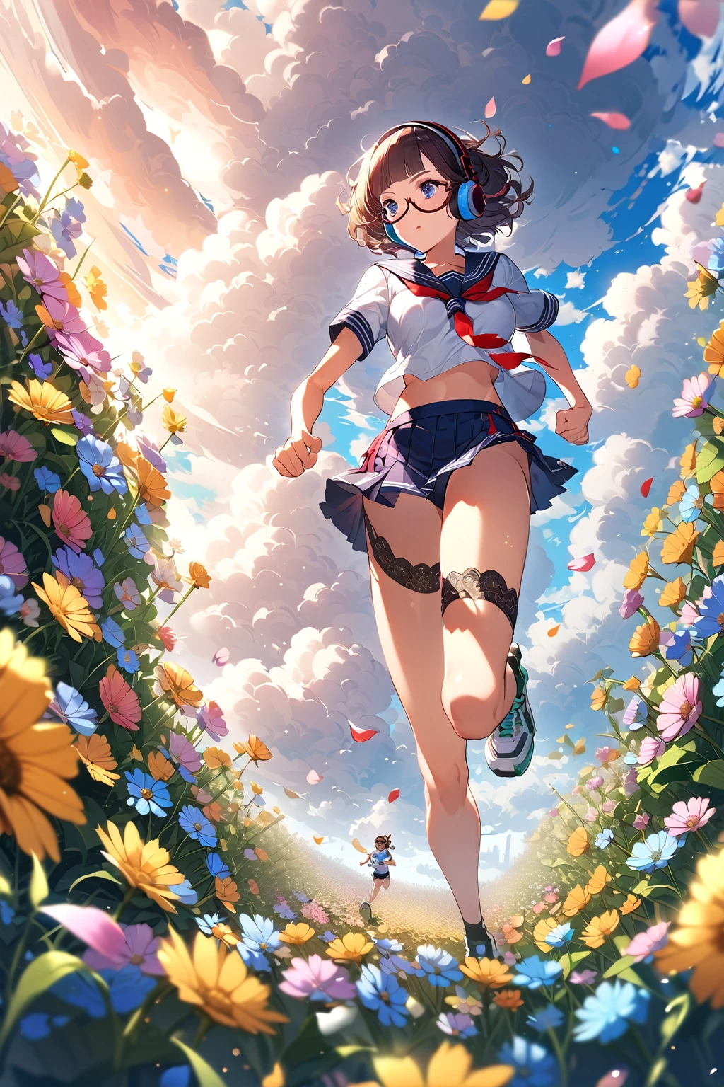 (extremely detailed fine touch:1.3), (((semi-rimless eyewear:1.3))), (headphone:1.2), short hair, blunt bangs, 1 girl, running, from below, serafuku, short sleeves, mini skirt, midriff, (hyper-detailed, flower field:1.2), (hyper-detailed cumulonimbus clouds:1.3), leaves,
petals,