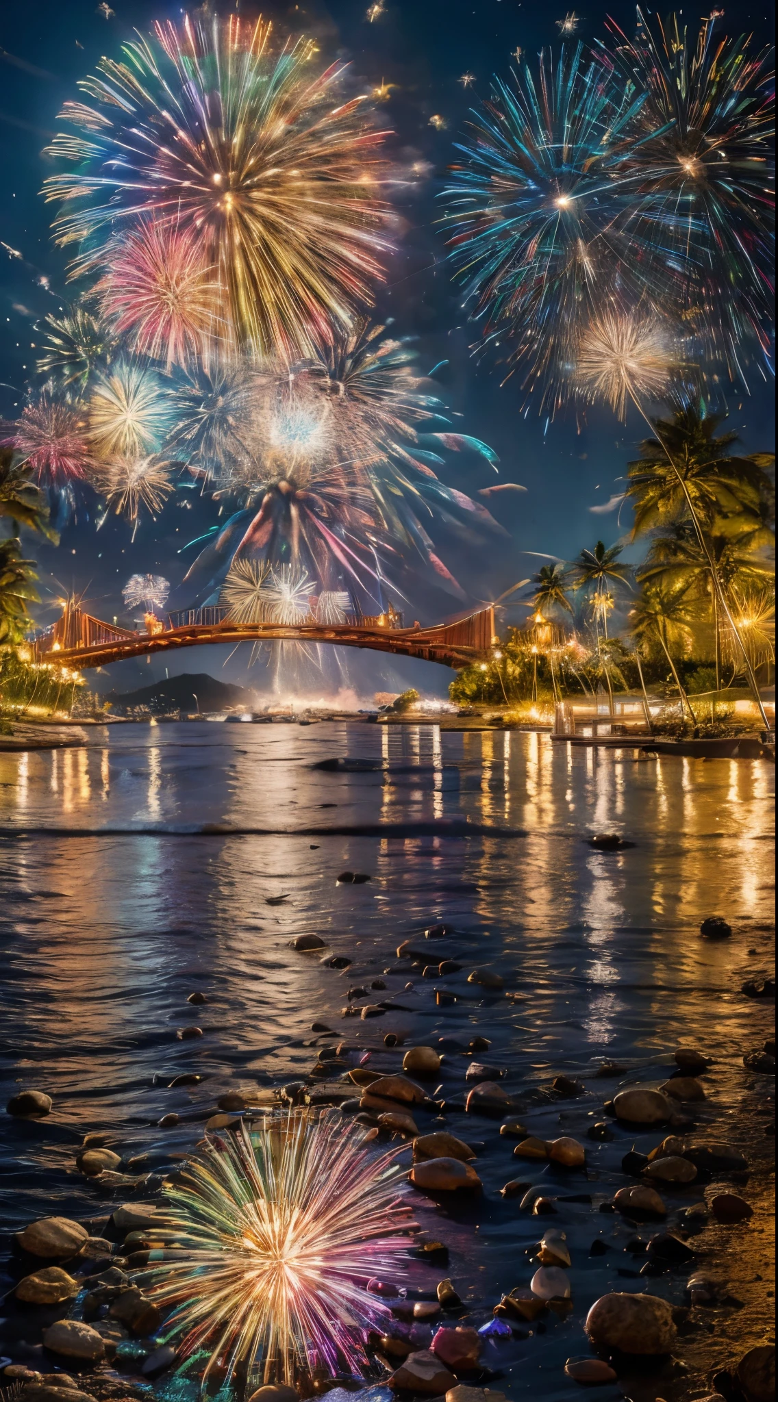 (((Masterpiece，Highest quality，Highest quality，8k，16K))，((Ultra-high resolution，Super detailed)))，Japanese，beautiful girl，sexy，glamorous，Golden Ratio Style，Bikini，night，Tropical Beach，Fireworks display，Fireworks、((Tropical BeachにてFireworks displayのFireworksを背景にしたスナップ写真))，