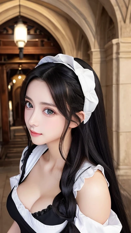 Non-NSFW、Real、Highest quality、Highest quality、masterpiece、Ultra-high resolution、RAW Photos、Real、Bright lighting、Face Light、Smooth Professional Lighting、Looking into the camera、alone、Adult women、Beautiful woman、Super Beauty、Realな肌、Moisturized Skin、Realな目と顔、Perfect model body、Beautiful Eyes、Big eyes、Inconspicuous tear bags、slim、No bra、Beautiful fingers、Very long hair、Jet Black Hair、black eye、looks happy、(Both ears are hidden by hair)、Fantasy World、Medieval Europe、saint、(((Neat and Clean Maid)))、Inside the temple、(black and white outfit:)、Small Ass、(Large Breasts:1.3)、(Venus' Nipples:1.8)、Königsreuter, (Black French Maid Uniform:1.7), (white Stockings and Garter Set:1.2), (Headdress),(high heels:1.2), (Short frilly salon apron:1.2)、(Leaning forward:1.2)、(From above:1.5)