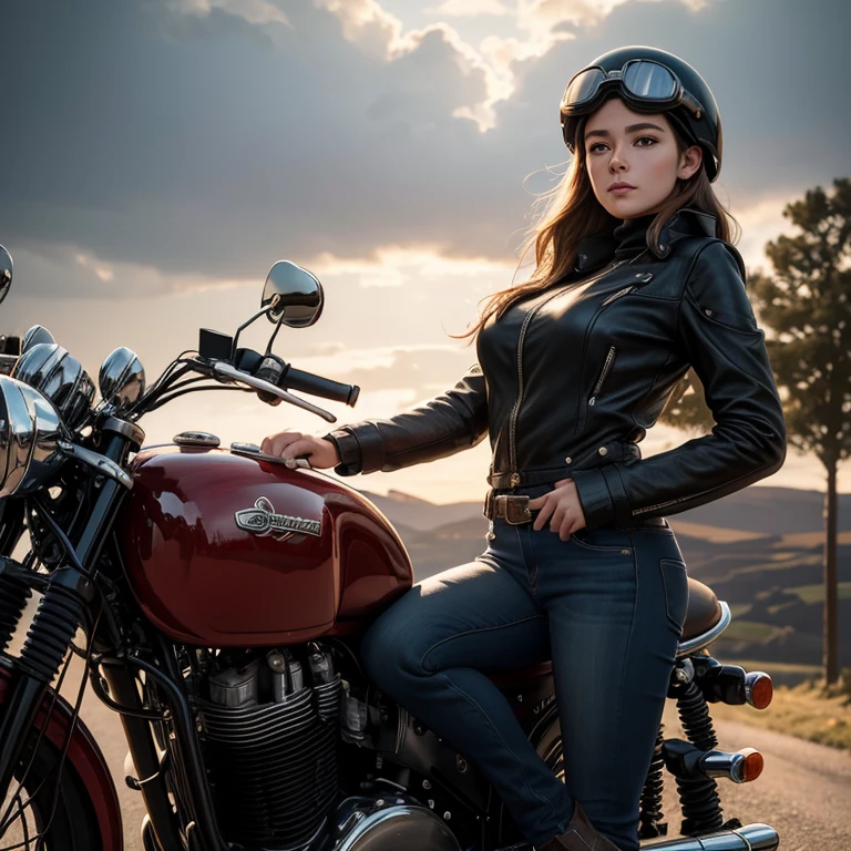 a beautiful young female rider in a vintage leather jumper and Cromwell helmet with goggles standing on the back of her retro Triumph motorcycle in the English countryside landscape after the rain, detailed photorealistic, ultra-detailed, 8k, (best quality,4k,8k,highres,masterpiece:1.2),ultra-detailed,(realistic,photorealistic,photo-realistic:1.37),HDR,UHD,studio lighting,ultra-fine painting,sharp focus,physically-based rendering,extreme detail description,professional,vivid colors,bokeh,portrait