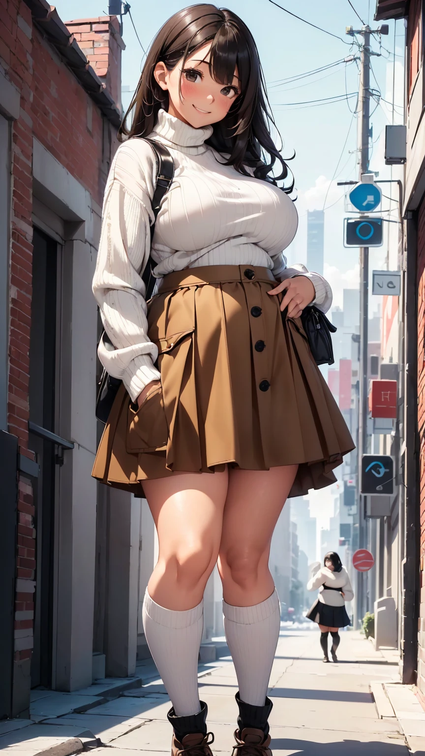 a girl, chubby body, chubby stomach, big hips, sexy thighs, beautiful face, beautiful eyes, ((straight wavy black hair, black eyes)), smiling, blushing, standing, ((white turtleneck sweater, ((brown mini cargo skirt with pockets)), white sneakers, thigh high socks, leather messenger bag)), perfect hands, perfect fingers, high quality picture, high resolution, very detailed, 8k resolution