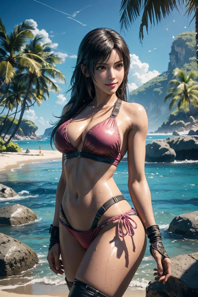The best one,Tifa,Tifa・Lockhart,Final Fantasy 7,FF7,Photorealistic,Ultra HD,high quality,masterpiece,Digital SLR,Detailed details,Intricate details,Anatomical basis,Depicted in detail,A detailed face,Realistic skin texture,Vivid details,Perfect Anatomy,Perfect Anatomy,Anatomically correct hand,Anatomically correct fingers,Super Detail,Complex 3D rendered sexy pose,Swimwear,Wet,Beautiful blue sky,Beautiful beaches,Fantastic sunny weather,Fantasy worldview,Picturesque,Pink Lips,smile,Brighten up your expression,