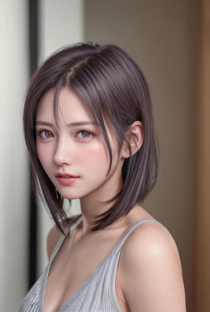 (8K, Photorealistic, Raw photo, of the highest quality: 1.3), (1girl in), Super beautiful, (Realistic face), (boyish, Silver Color Berry Shorthair), Beautiful , Glare that captivates the viewer, Beautiful expression, Beautiful breasts, (Realistic skin), Be...