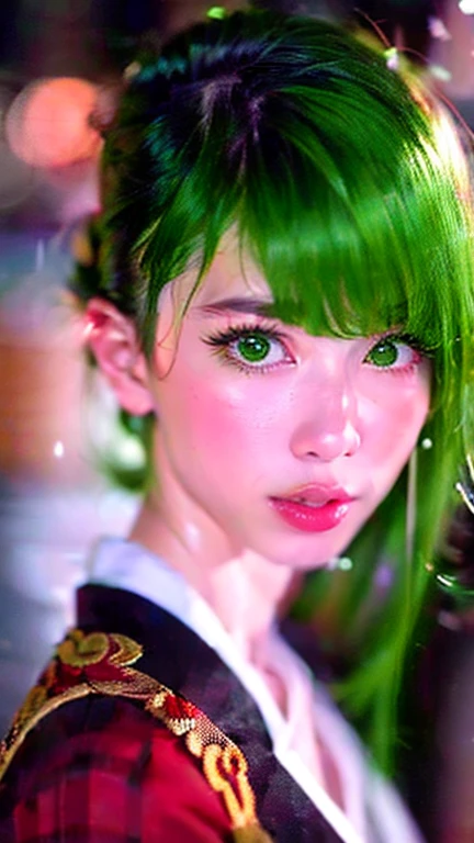 i want the whole image to be created in 3D anime style, solo, long hair, looking at viewer, bangs, black hair, 1boy, hair between eyes, closed mouth, green eyes, male focus, multicolored hair, japanese clothes, lips, eyelashes, portrait, close-up, haori, demon slayer uniform