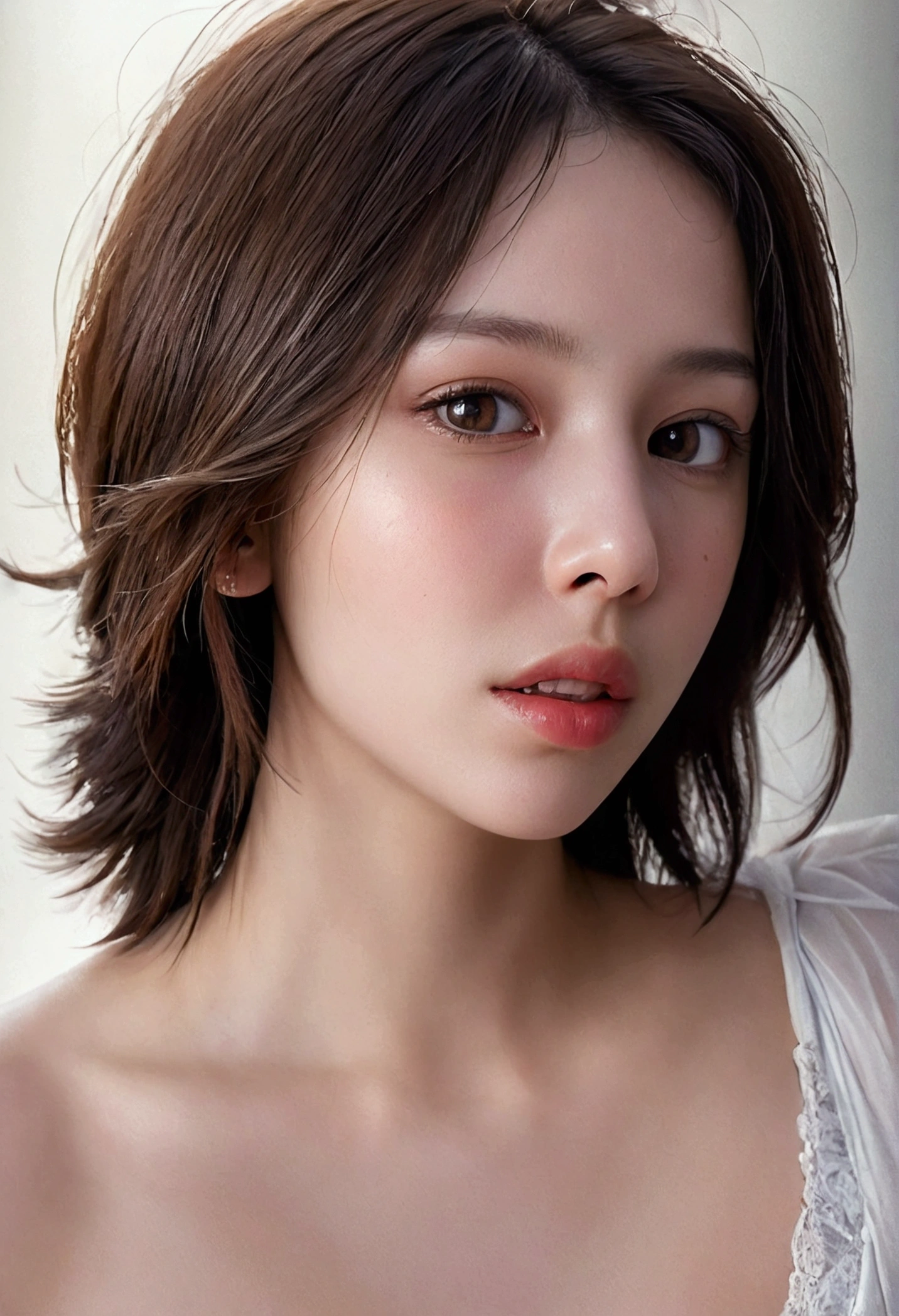 Close-up portrait of a woman, Capturing hyper-realistic details, The resolution is 16K. Emphasis should be placed on the intricate details of the skin, It should look natural and healthy. Even skin tone, Use natural light and color. The subject should have a surprised expression,Hair covering face, As if caught off guard in an intimate moment. Settings can be desktop, Add a touch of atmosphere to the scene. Images should be of the highest quality, The details are outstanding, Demonstrates kissing and sensual sucking movements on the genital area