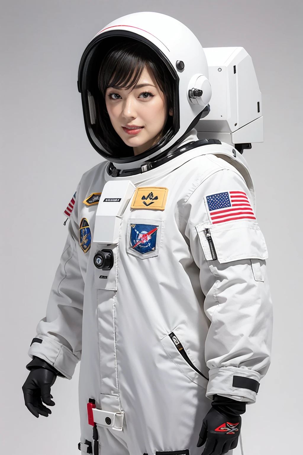 Super detailed, High resolution,Full body image seen from a distance, Super detailedな, Highest quality,Astronaut uniform with red lines on a white background,Astronaut's Glove on White, Smiled, Highest quality, Perfect Woman,(With the rocket launch site in the background)Highly detailed CG Unity 8k wallpaper, Cinema Lighting, Smiled,Not wearing a helmet