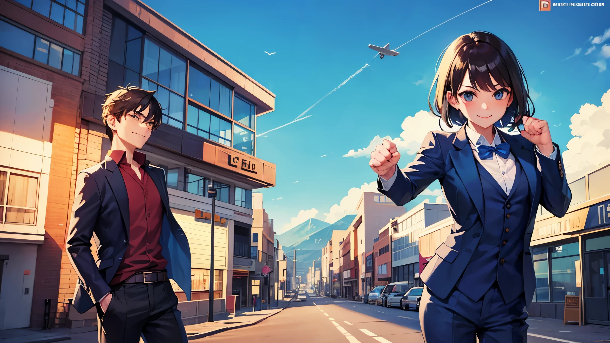 He is doing a fist pump while flying office Street blue sky suit high quality detailed smile The whole body is swollen