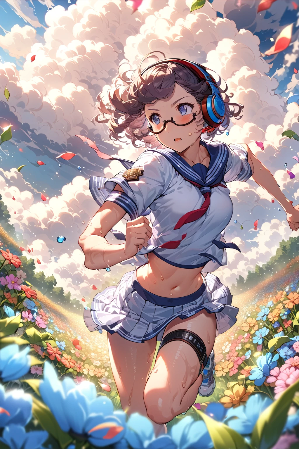 (extremely detailed fine touch:1.3), (((semi-rimless eyewear:1.3))), (headphone:1.2), short hair, blunt bangs, 1 girl, running, from below, serafuku, short sleeves, mini skirt, midriff, (hyper-detailed, flower field:1.2), (hyper-detailed cumulonimbus clouds:1.3), leaves, 
petals,