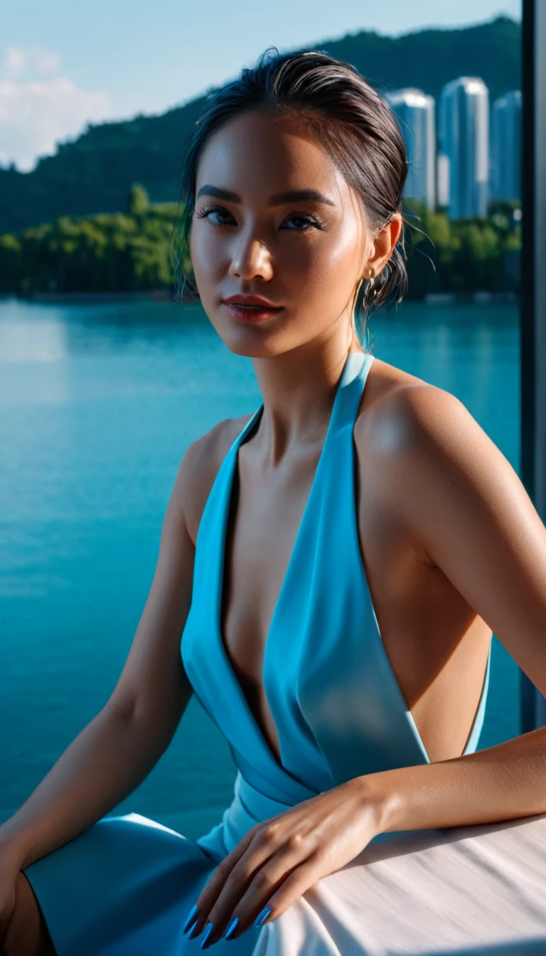Photo taken with Canon EOS R5 85mm f/11 Camera, ((sharp)) mode of people and surrounding scenery. Image quality ((8K)), ((lifelike)), ((masterpiece)), ((sharp and highest contrast)), ((great depth of field)), ((light stereolithography)).
Close-up of a woman sitting in a luxurious restaurant, overlooking a cool blue lake, high-rise buildings, bright and modern lights.